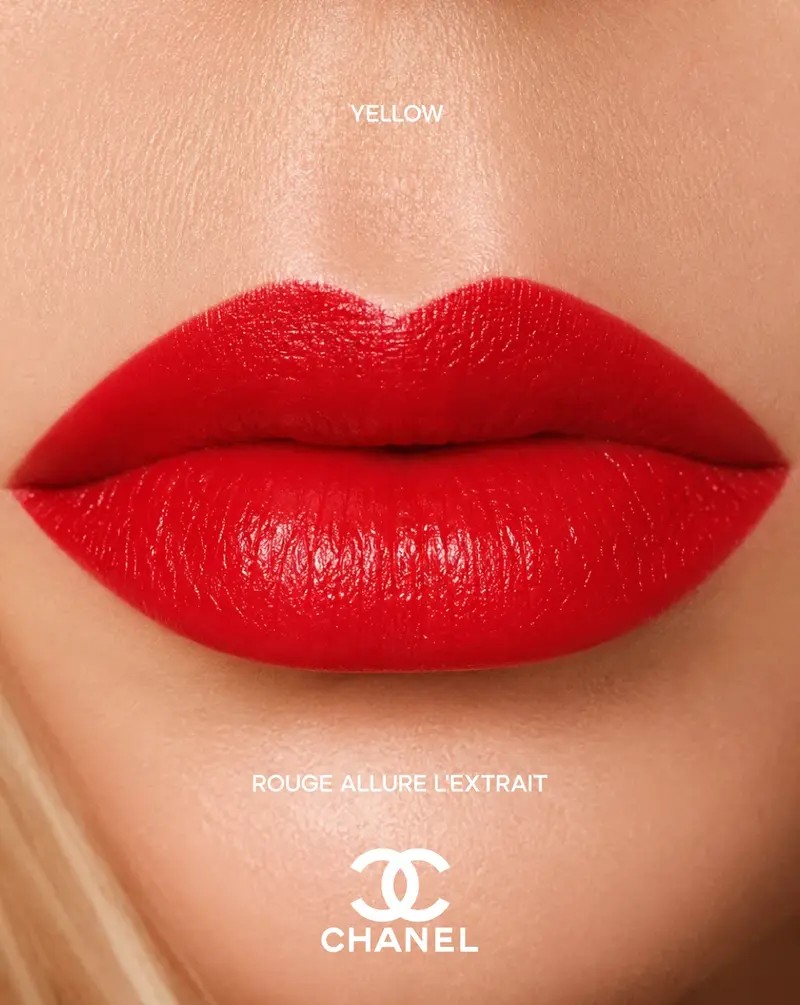 CHANEL red lip campaign portrait labeled yellow