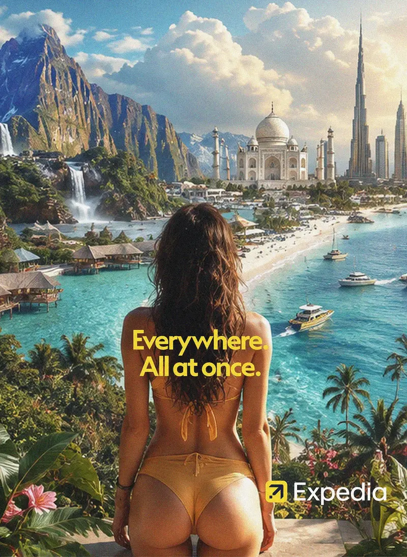 Expedia campaign tropical panorama combining landmarks from many destinations