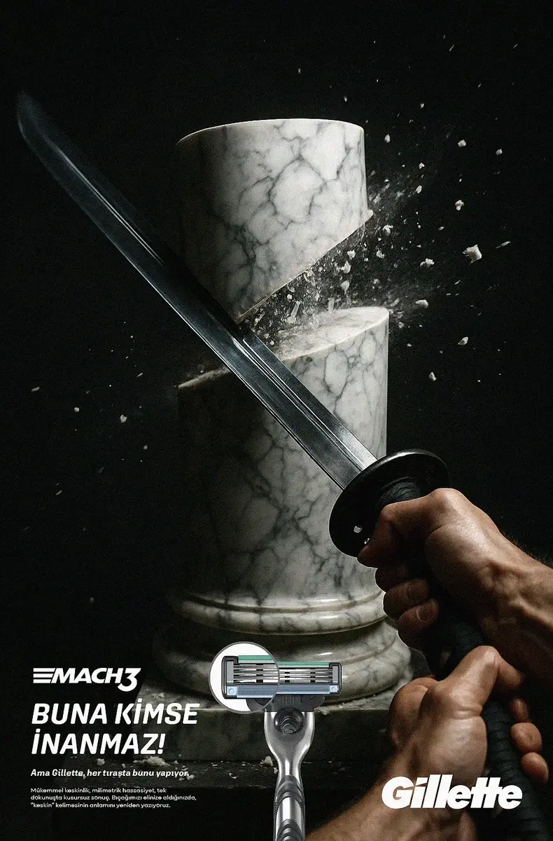 Gillette campaign blade cutting through a stone column