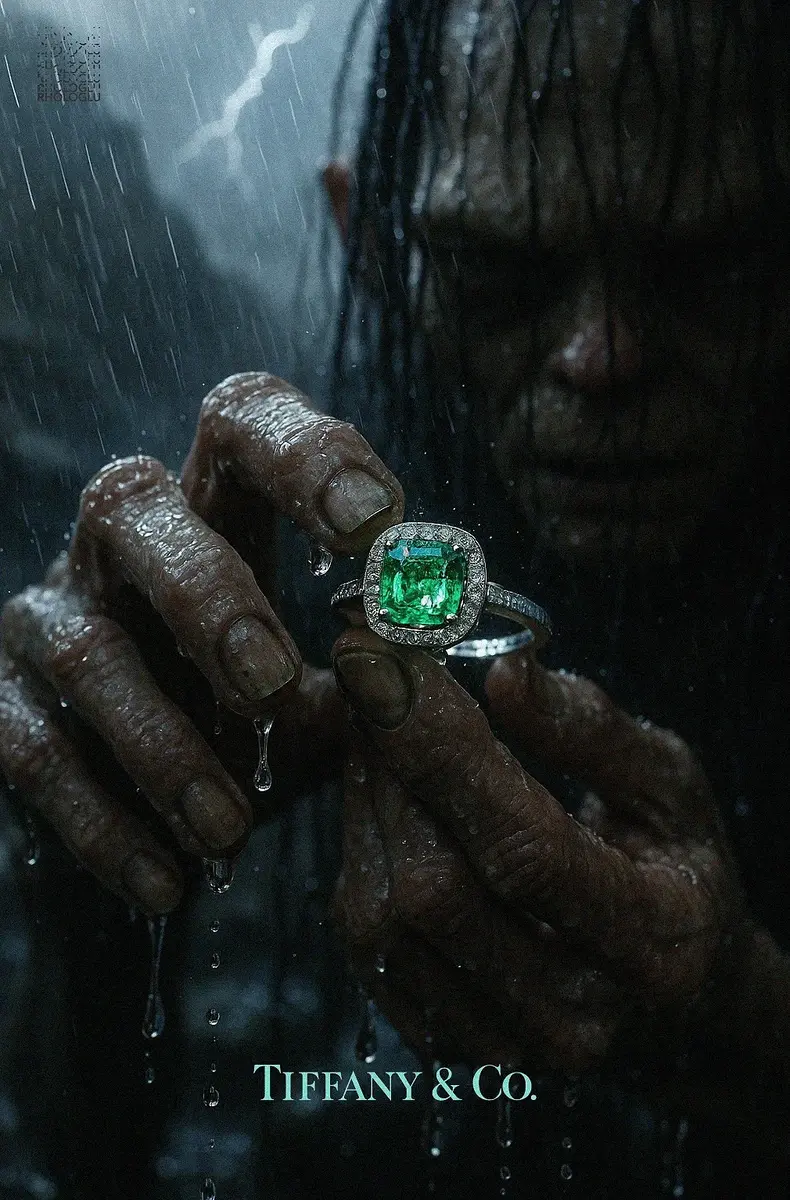 Tiffany and Co campaign image with a green gemstone ring in rain