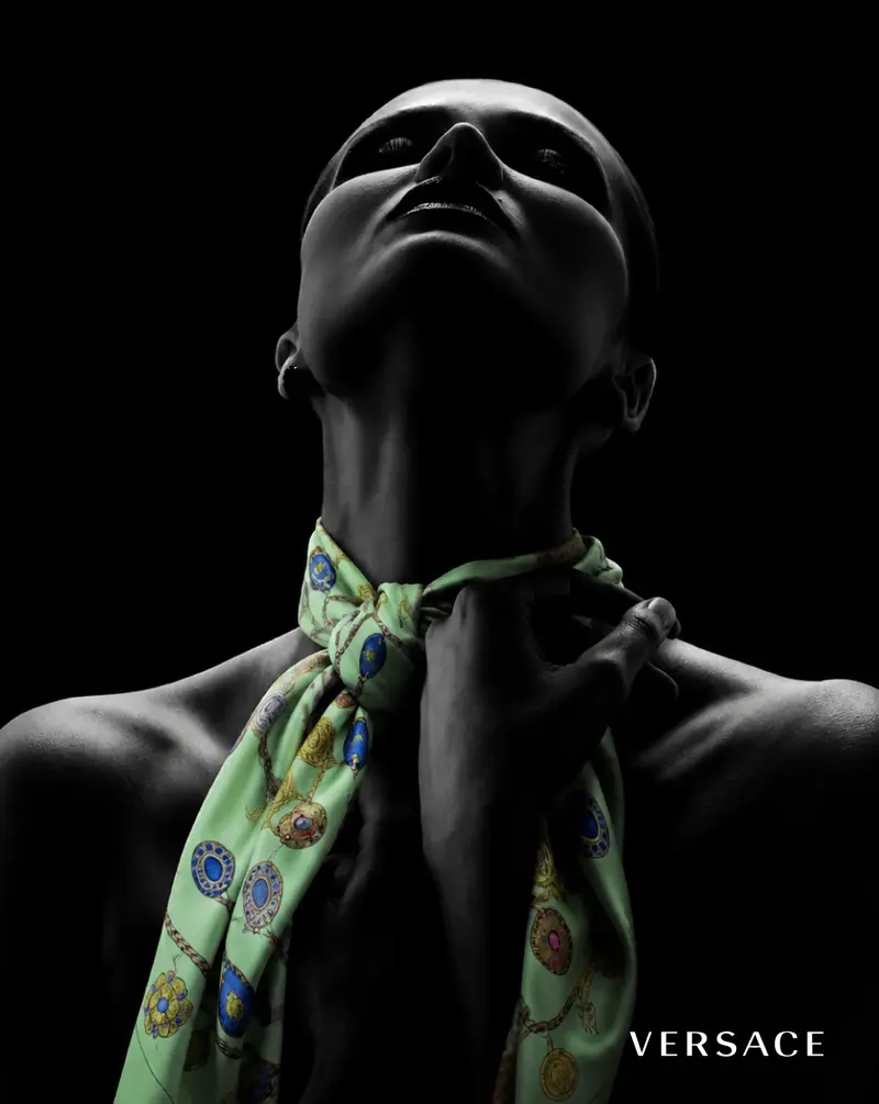 Versace scarf portrait in black with a green scarf