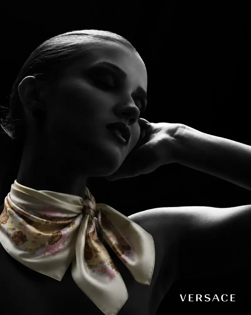 Versace scarf portrait in black with a pale patterned scarf